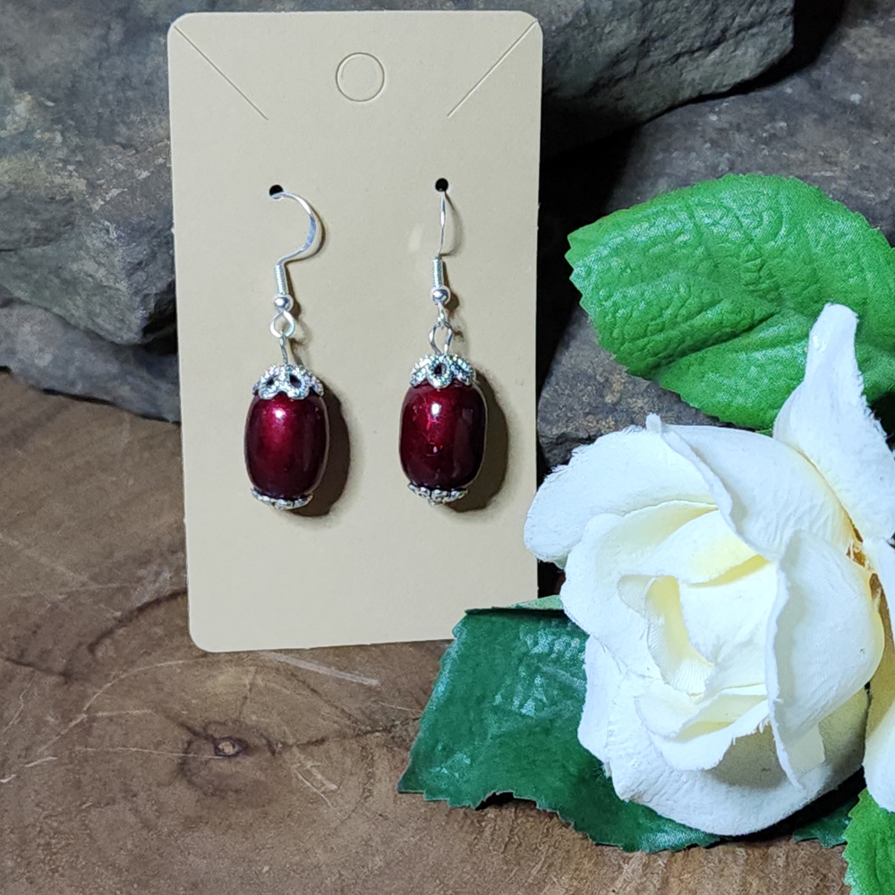 10. Hand Crafted Dangle Drop Earrings with Red Glass Glittery Shimmering Beads